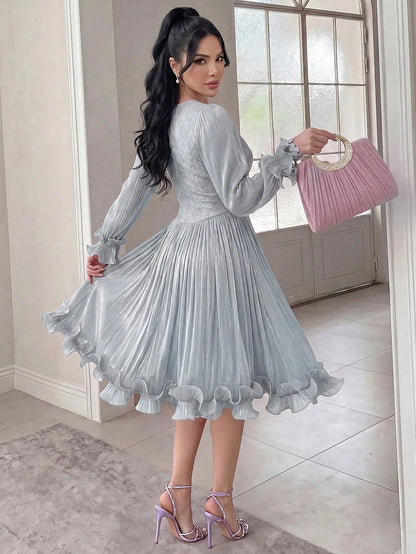 Feyla New Autumn Long Sleeve Romantic Ruffle Elegant Elegant Lace Patchwork Romantic Vacation Party Dress Light Blue