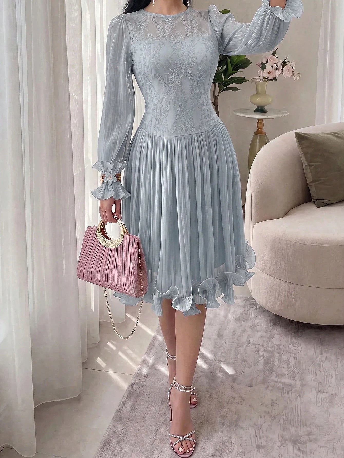 Feyla New Autumn Long Sleeve Romantic Ruffle Elegant Elegant Lace Patchwork Romantic Vacation Party Dress Light Blue
