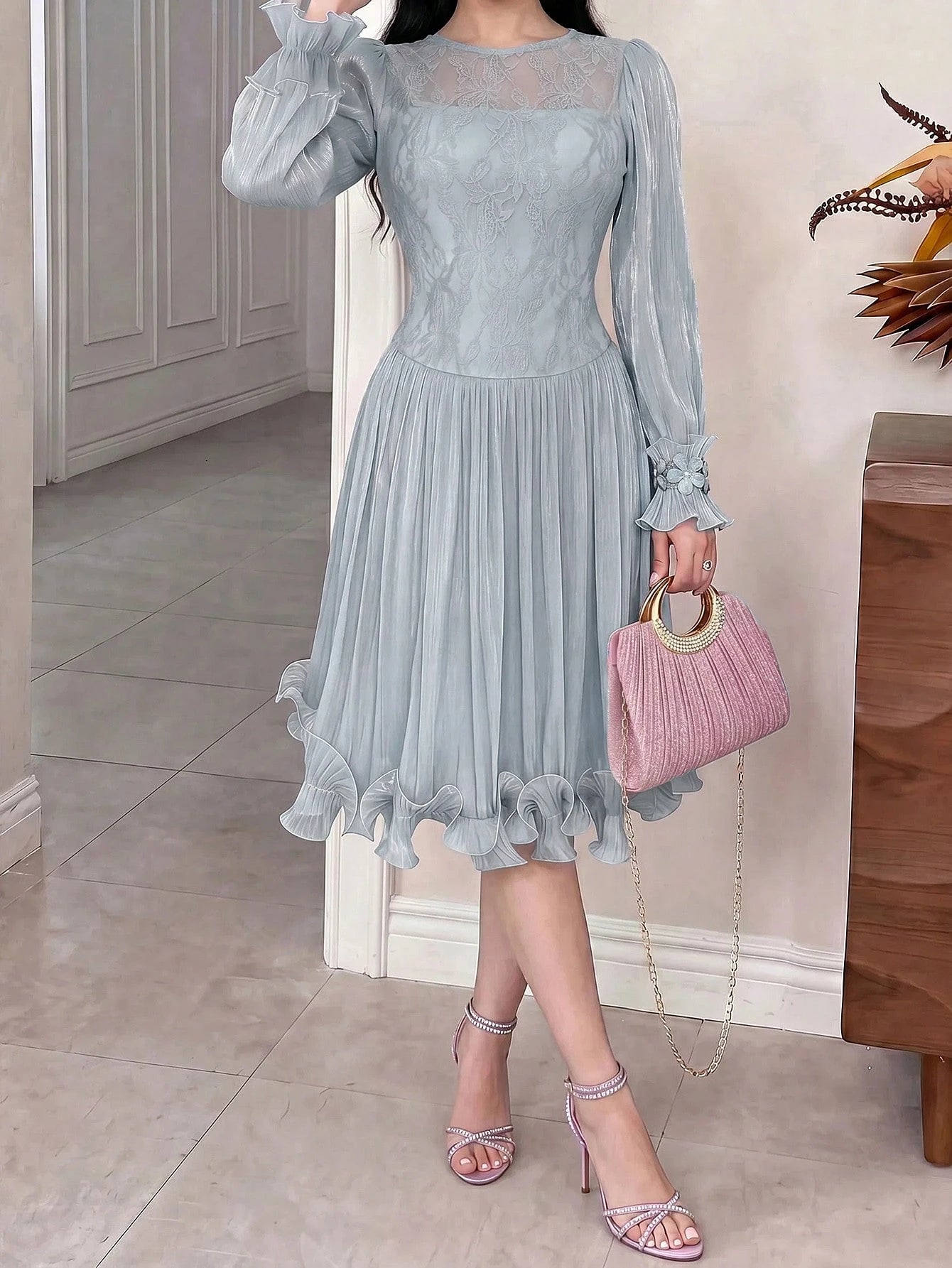 Feyla New Autumn Long Sleeve Romantic Ruffle Elegant Elegant Lace Patchwork Romantic Vacation Party Dress Light Blue