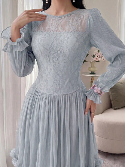 Feyla New Autumn Long Sleeve Romantic Ruffle Elegant Elegant Lace Patchwork Romantic Vacation Party Dress Light Blue