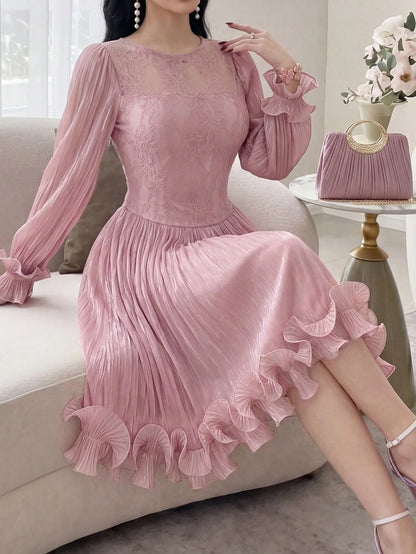 Feyla New Autumn Long Sleeve Romantic Ruffle Elegant Elegant Lace Patchwork Romantic Vacation Party Dress Light Blue