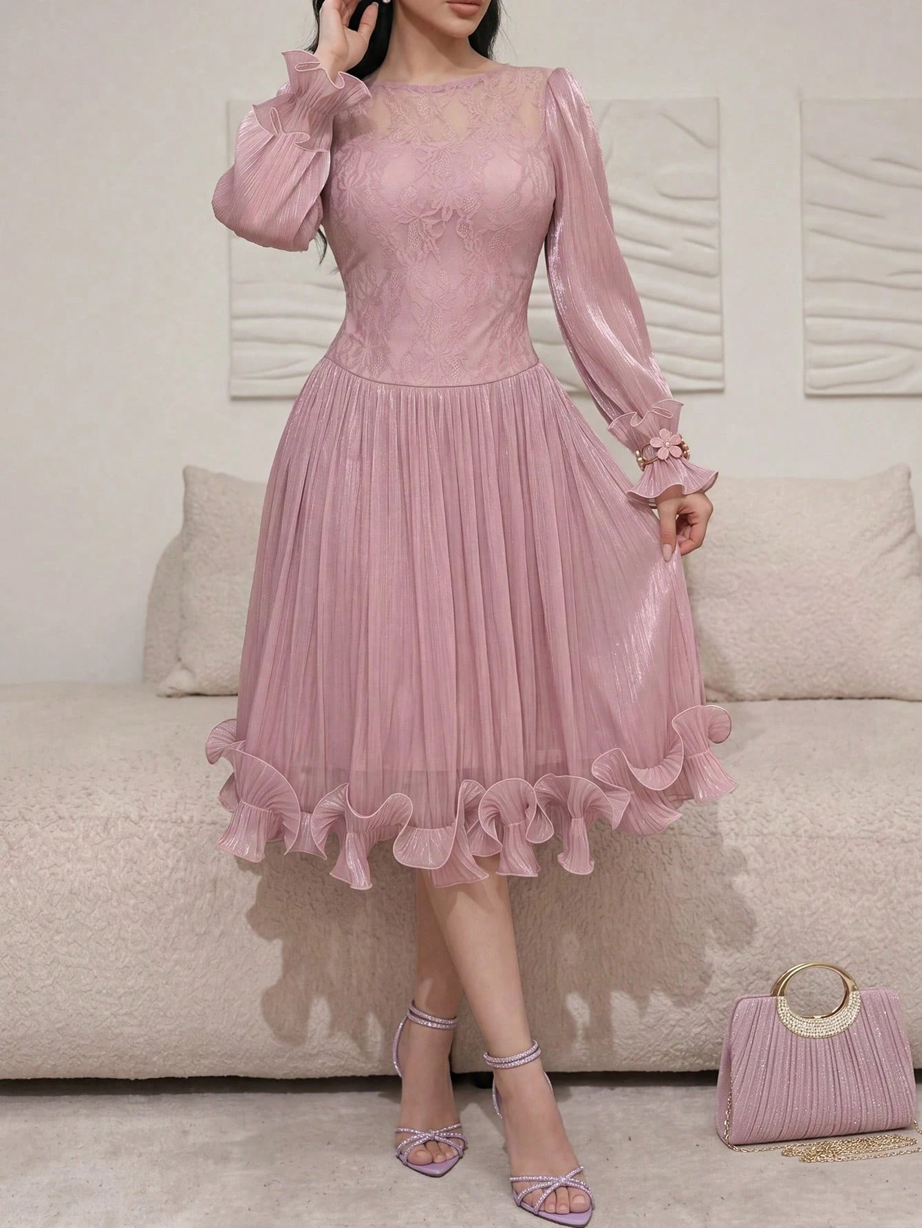 Feyla New Autumn Long Sleeve Romantic Ruffle Elegant Elegant Lace Patchwork Romantic Vacation Party Dress Light Blue
