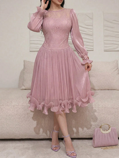 Feyla New Autumn Long Sleeve Romantic Ruffle Elegant Elegant Lace Patchwork Romantic Vacation Party Dress Light Blue