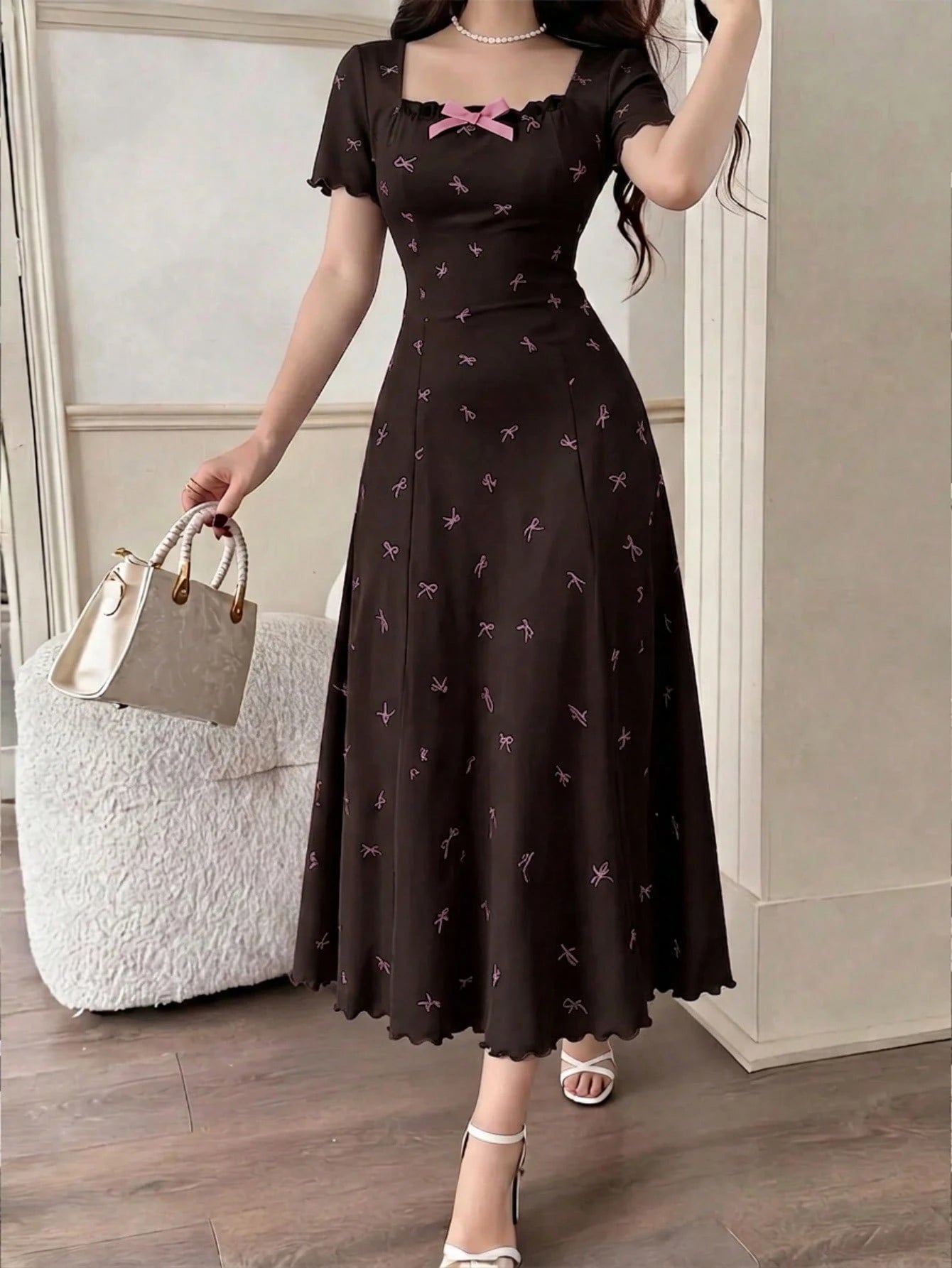 Feyla Women's Vintage Romantic Inspired Brown And Pink Midi Dress With Square Neck Short Sleeves And Playful Bow Print Scallop Edge For Tea Party Summer