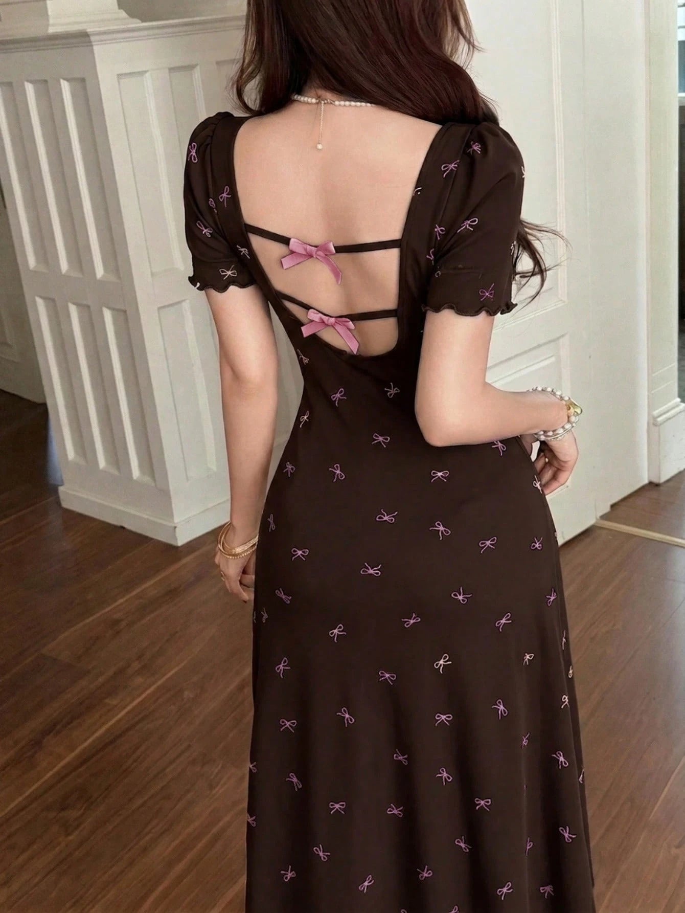 Feyla Women's Vintage Romantic Inspired Brown And Pink Midi Dress With Square Neck Short Sleeves And Playful Bow Print Scallop Edge For Tea Party Summer