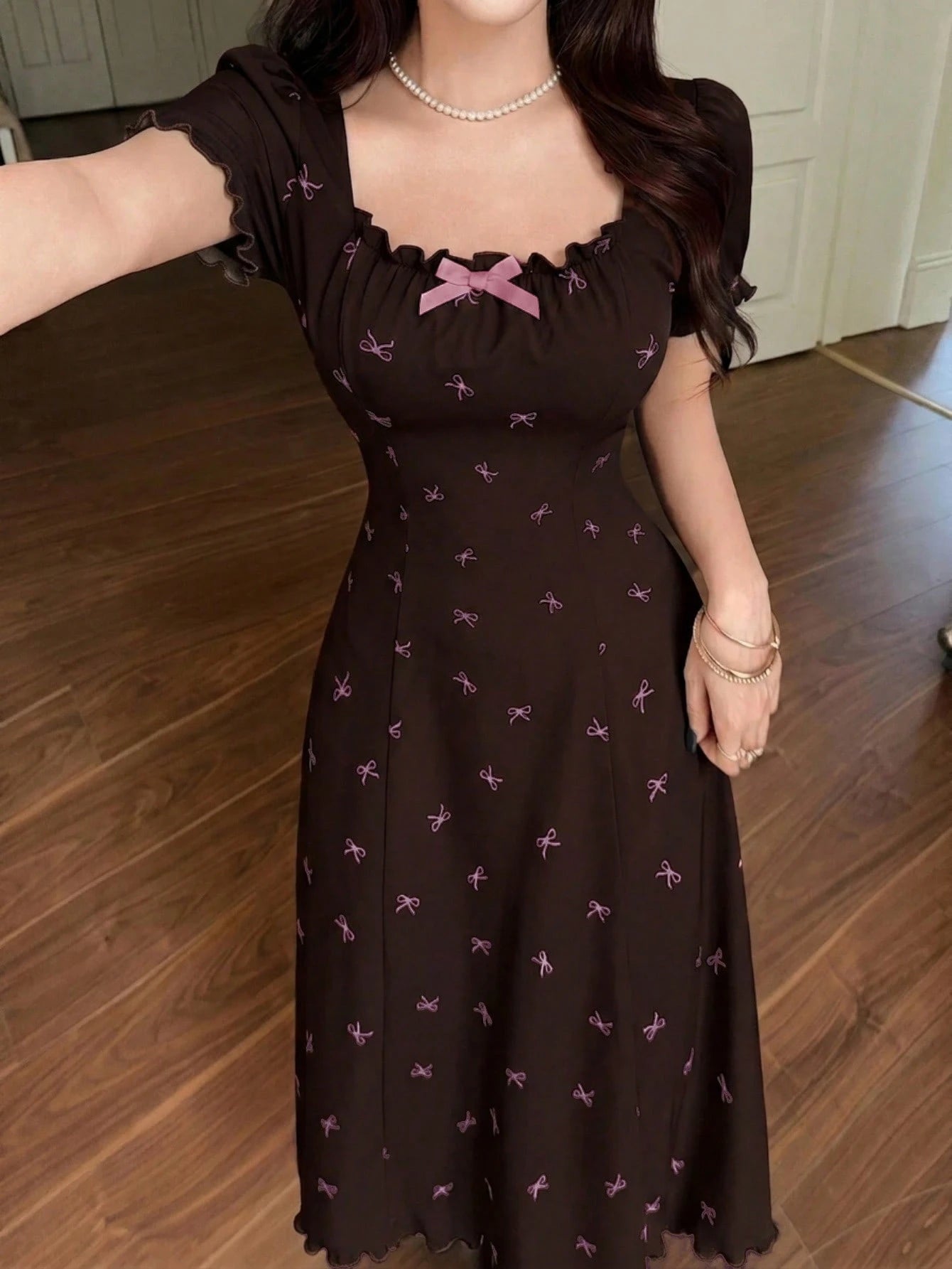 Feyla Women's Vintage Romantic Inspired Brown And Pink Midi Dress With Square Neck Short Sleeves And Playful Bow Print Scallop Edge For Tea Party Summer