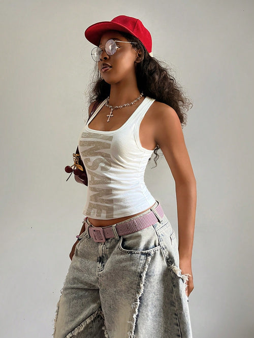 Fiercella Fiercella Women's U-Neck White Distressed Print Fitted Comfortable Streetwear Y2K Baddie Sexy Camisole Top, Spring/Summer
