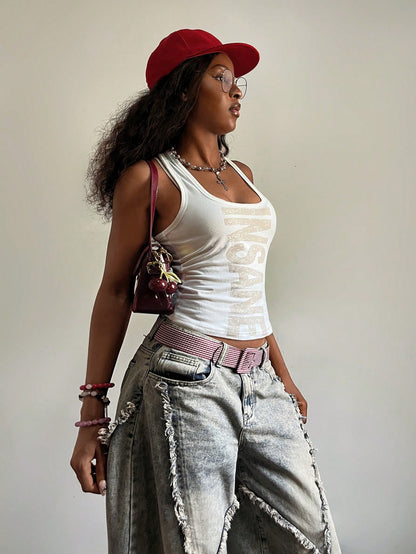 Fiercella Fiercella Women's U-Neck White Distressed Print Fitted Comfortable Streetwear Y2K Baddie Sexy Camisole Top, Spring/Summer
