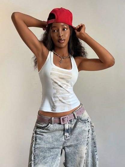 Fiercella Fiercella Women's U-Neck White Distressed Print Fitted Comfortable Streetwear Y2K Baddie Sexy Camisole Top, Spring/Summer