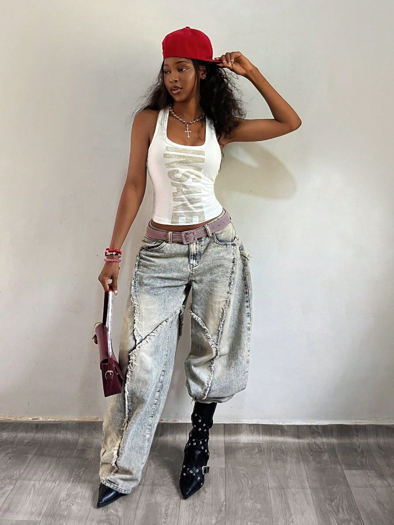 Fiercella Fiercella Women's U-Neck White Distressed Print Fitted Comfortable Streetwear Y2K Baddie Sexy Camisole Top, Spring/Summer
