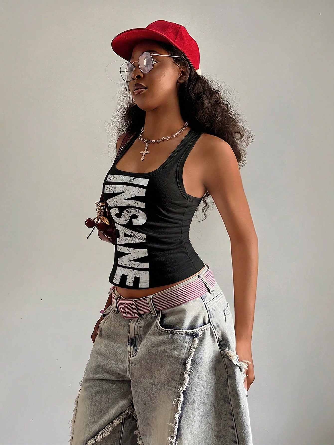 Fiercella Fiercella Women's U-Neck White Distressed Print Fitted Comfortable Streetwear Y2K Baddie Sexy Camisole Top, Spring/Summer