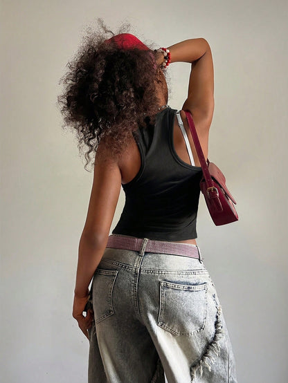 Fiercella Fiercella Women's U-Neck White Distressed Print Fitted Comfortable Streetwear Y2K Baddie Sexy Camisole Top, Spring/Summer