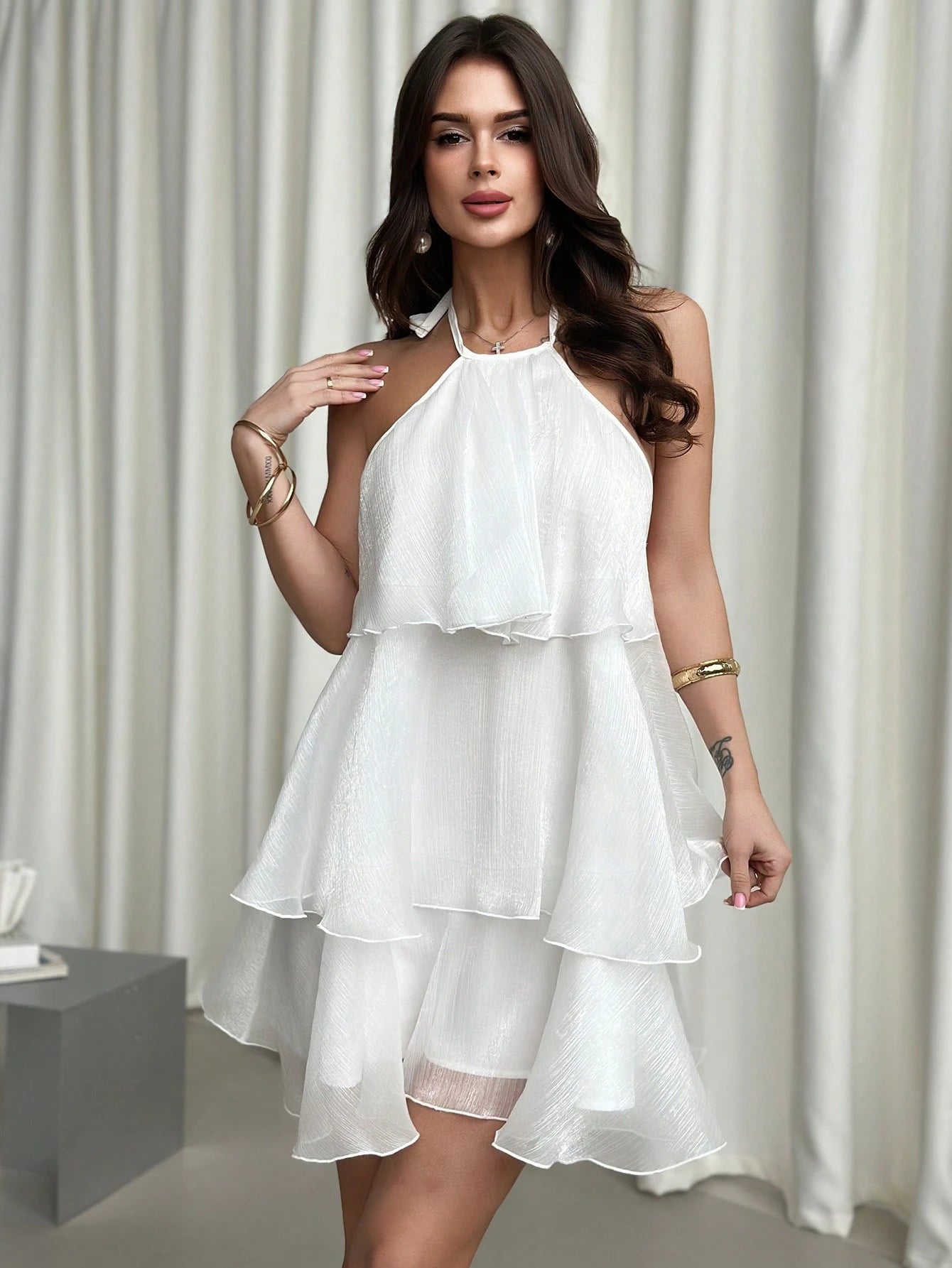 Firerie Elegant White Summer Birthday Holiday Vacation Party Organza Halter Swing Dress Backless Layered Hem Fairycore Graduation Dresses For Women