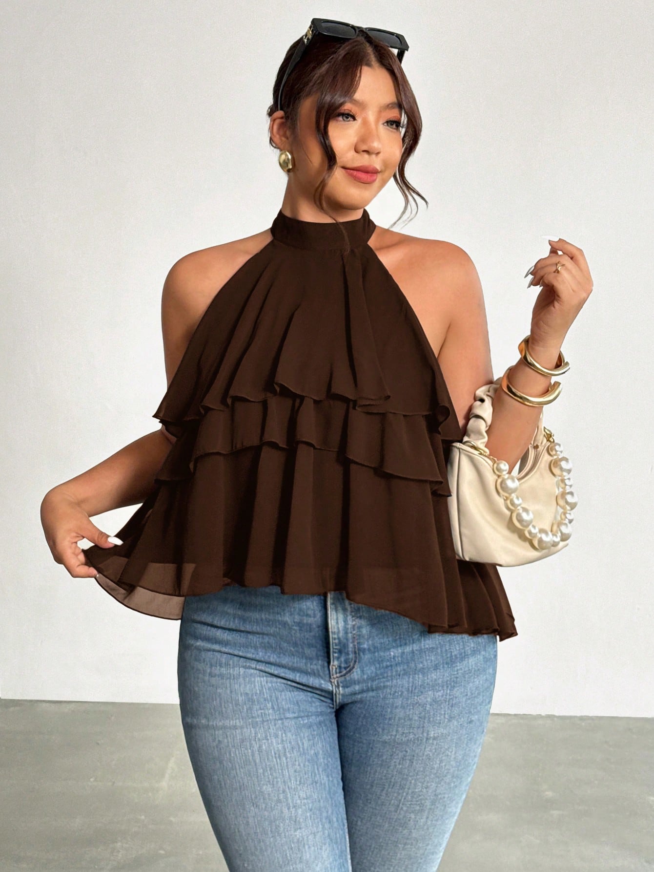 Firerie Plus Size Loose Ruffled Asymmetrical Chiffon Blouse