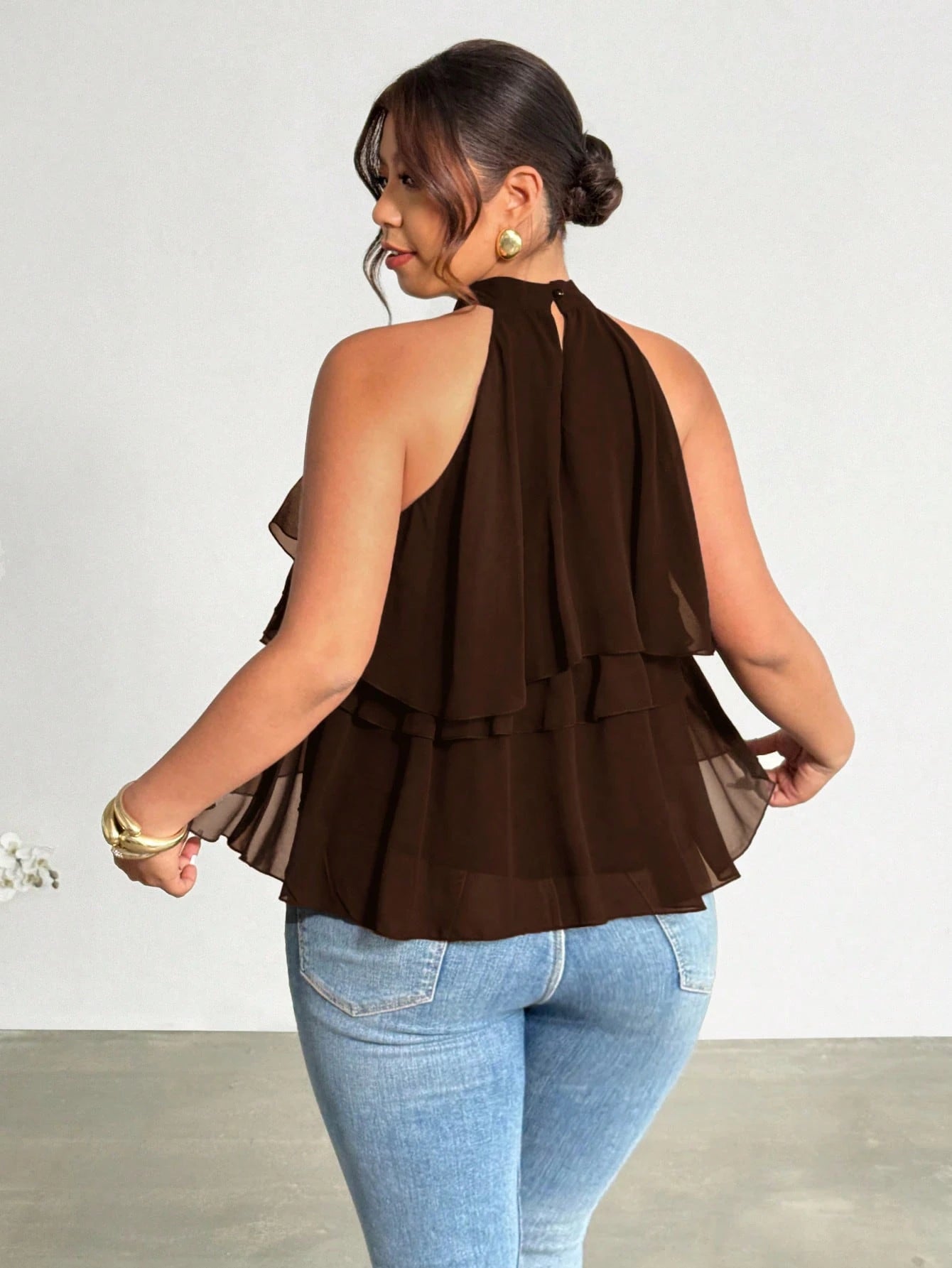 Firerie Plus Size Loose Ruffled Asymmetrical Chiffon Blouse