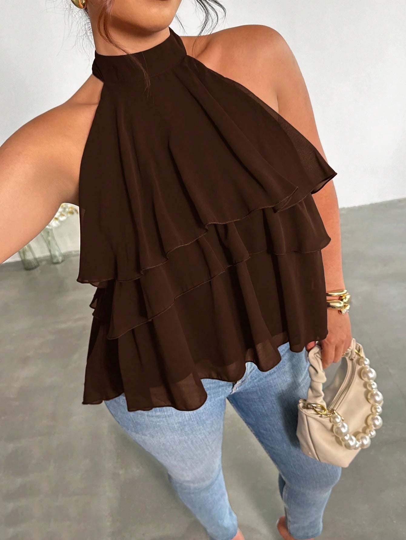 Firerie Plus Size Loose Ruffled Asymmetrical Chiffon Blouse
