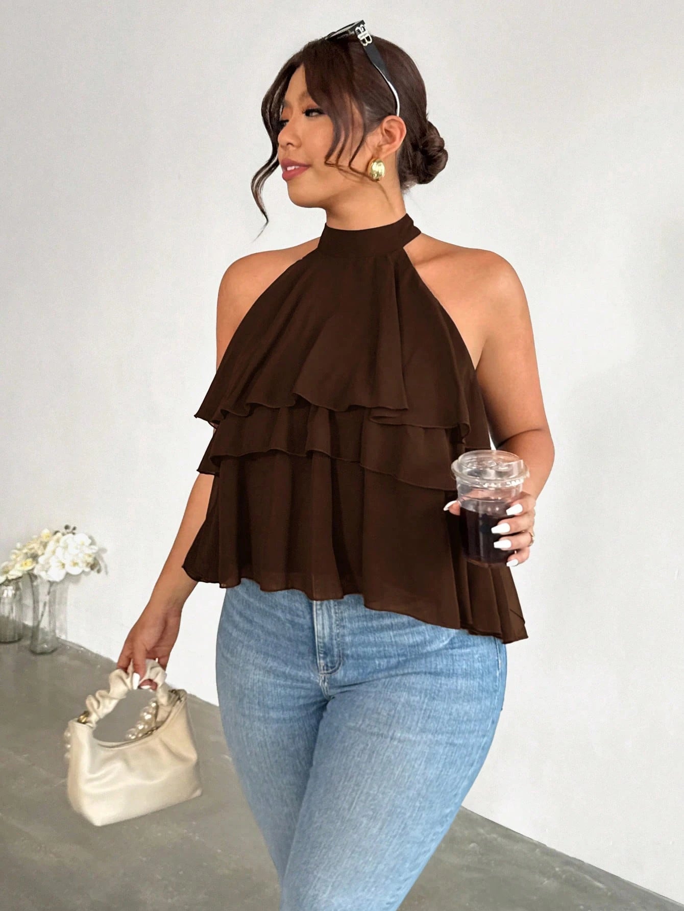 Firerie Plus Size Loose Ruffled Asymmetrical Chiffon Blouse
