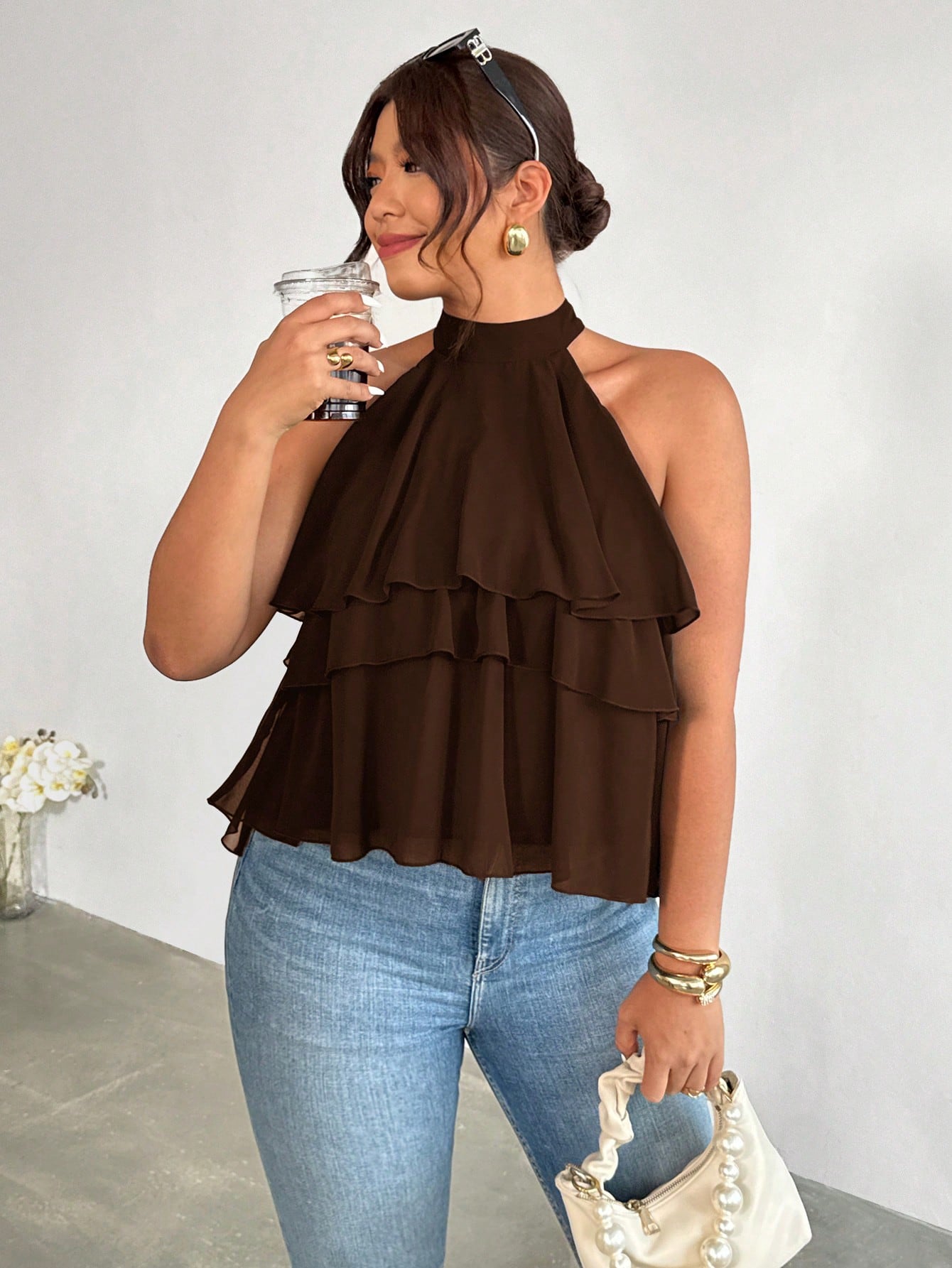 Firerie Plus Size Loose Ruffled Asymmetrical Chiffon Blouse