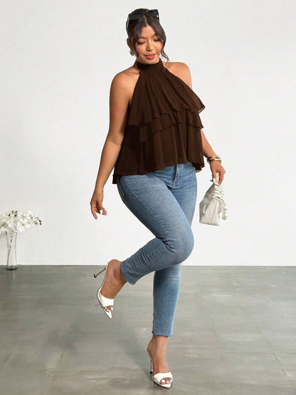 Firerie Plus Size Loose Ruffled Asymmetrical Chiffon Blouse