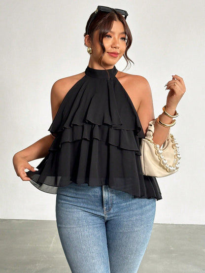 Firerie Plus Size Loose Ruffled Asymmetrical Chiffon Blouse