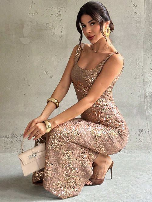 Firerie Rose Gold Sequin Square Neck Backless Slit Maxi Dress,Elegant Sleeveless 3D Floral Evening Gown, Summer Party Dress For Holiday Dinner,Wedding