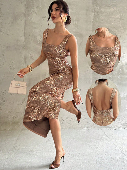 Firerie Rose Gold Sequin Square Neck Backless Slit Maxi Dress,Elegant Sleeveless 3D Floral Evening Gown, Summer Party Dress For Holiday Dinner,Wedding
