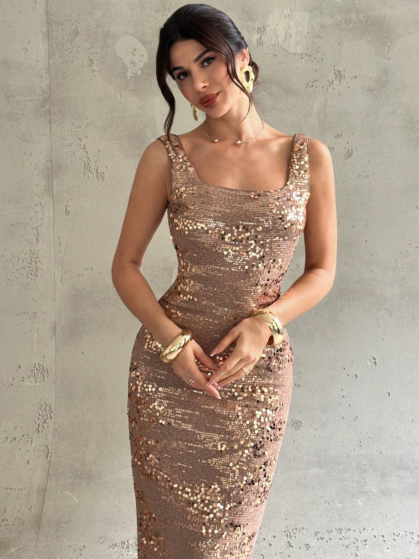 Firerie Rose Gold Sequin Square Neck Backless Slit Maxi Dress,Elegant Sleeveless 3D Floral Evening Gown, Summer Party Dress For Holiday Dinner,Wedding