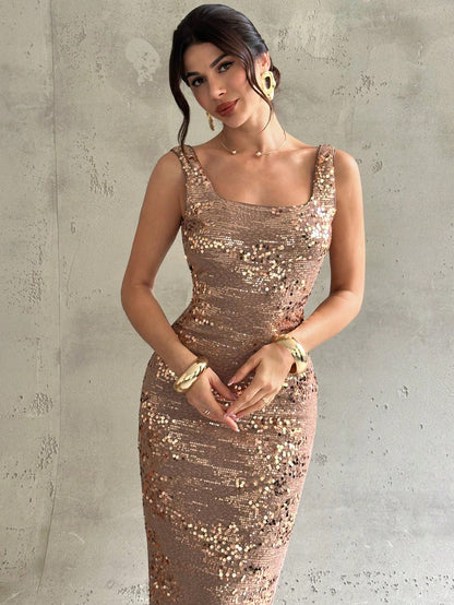 Firerie Rose Gold Sequin Square Neck Backless Slit Maxi Dress,Elegant Sleeveless 3D Floral Evening Gown, Summer Party Dress For Holiday Dinner,Wedding