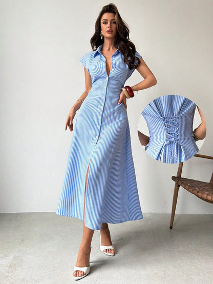 Firerie Women's Blue And White Stripe A-Line Midi Dress, Elegant Coastal Tropical Summer Tie Waist Shirt Dress, Casual Collared Office Vacation For Brunch