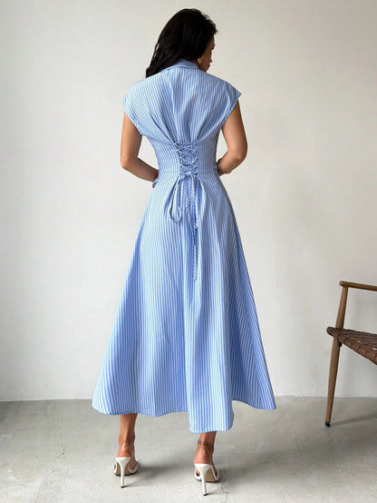 Firerie Women's Blue And White Stripe A-Line Midi Dress, Elegant Coastal Tropical Summer Tie Waist Shirt Dress, Casual Collared Office Vacation For Brunch