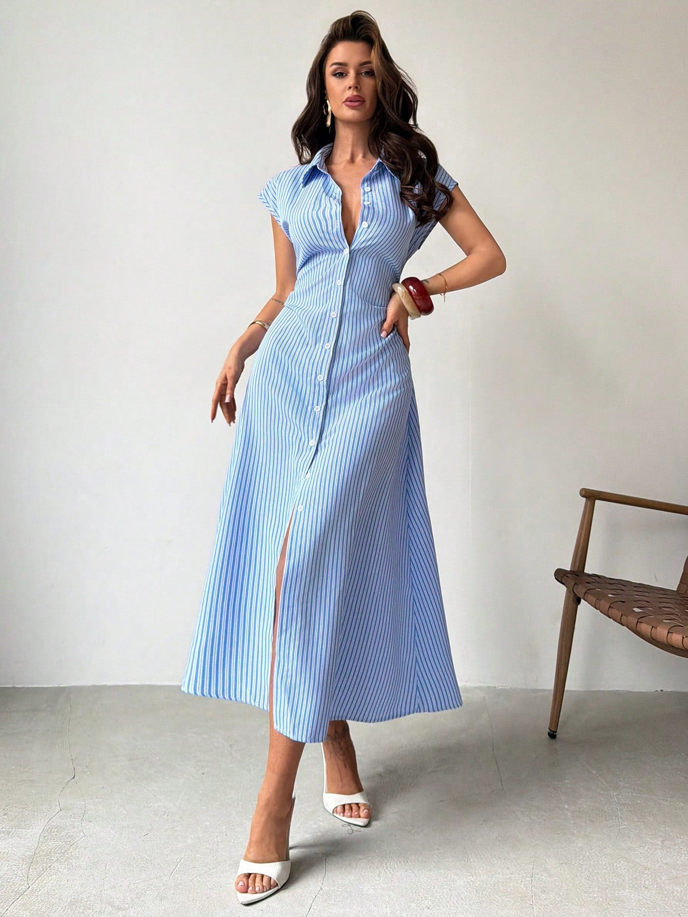 Firerie Women's Blue And White Stripe A-Line Midi Dress, Elegant Coastal Tropical Summer Tie Waist Shirt Dress, Casual Collared Office Vacation For Brunch
