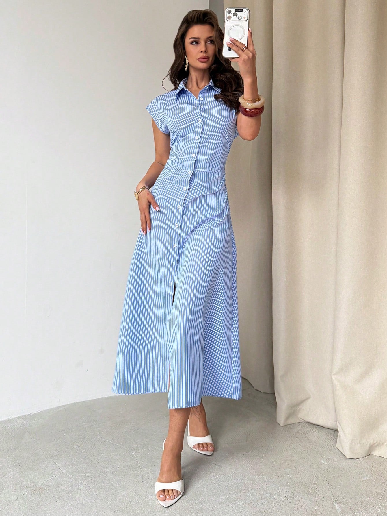 Firerie Women's Blue And White Stripe A-Line Midi Dress, Elegant Coastal Tropical Summer Tie Waist Shirt Dress, Casual Collared Office Vacation For Brunch