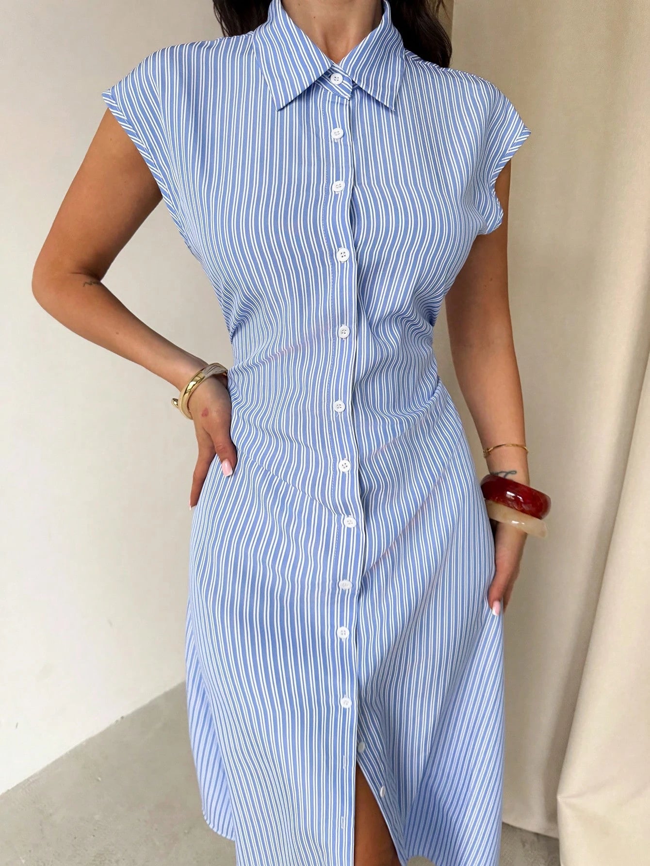 Firerie Women's Blue And White Stripe A-Line Midi Dress, Elegant Coastal Tropical Summer Tie Waist Shirt Dress, Casual Collared Office Vacation For Brunch