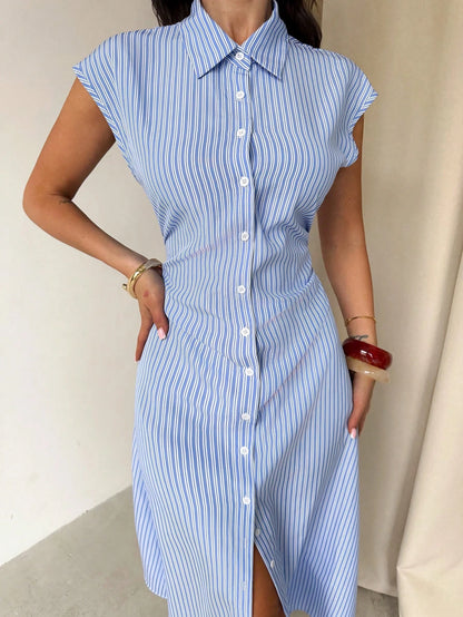 Firerie Women's Blue And White Stripe A-Line Midi Dress, Elegant Coastal Tropical Summer Tie Waist Shirt Dress, Casual Collared Office Vacation For Brunch
