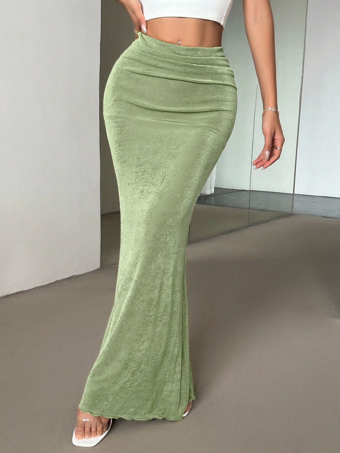 Firerie Women's Elegant Minimalist Green Low-Waist Skirt, Suitable For Summer Vacation & Dates