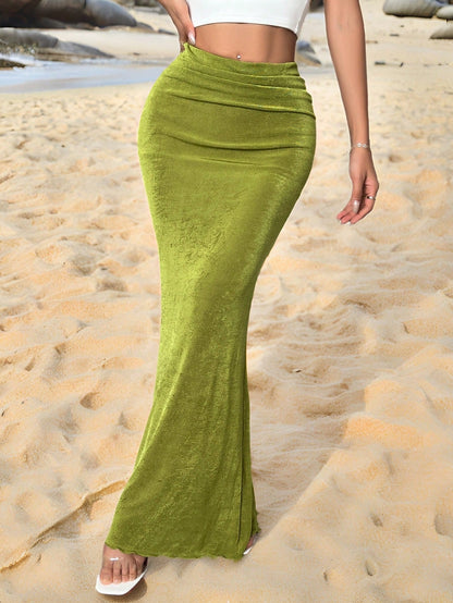 Firerie Women's Elegant Minimalist Green Low-Waist Skirt, Suitable For Summer Vacation & Dates