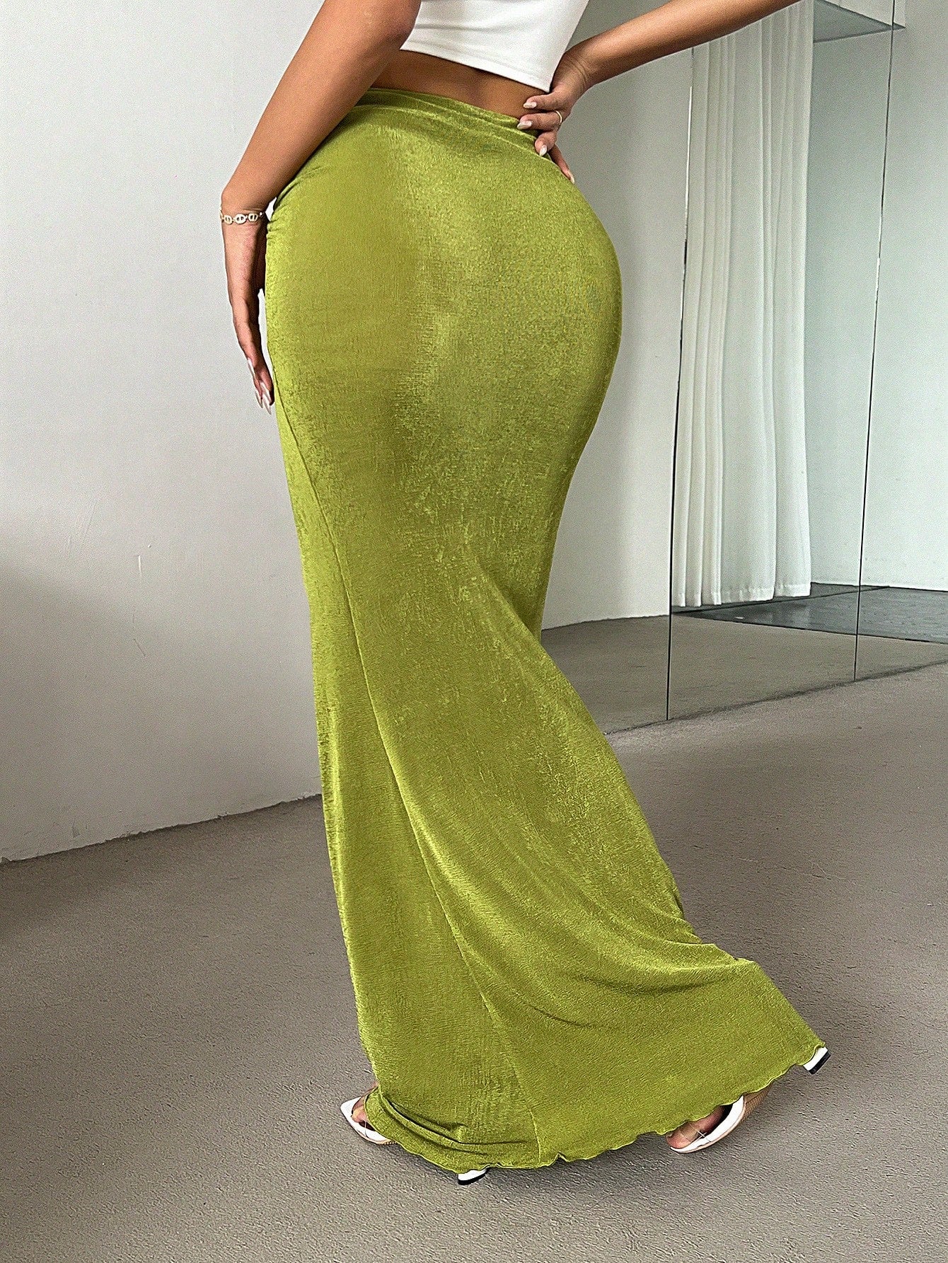Firerie Women's Elegant Minimalist Green Low-Waist Skirt, Suitable For Summer Vacation & Dates