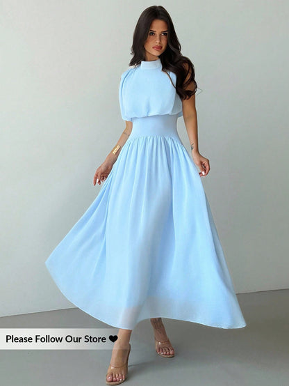 Firerie Women's Light Blue Summer Elegant Tea Party Bachelorette Party Mother Of The Bride High Neck Waist Flare Dress Bohemian Wedding Beach Outfit Gown