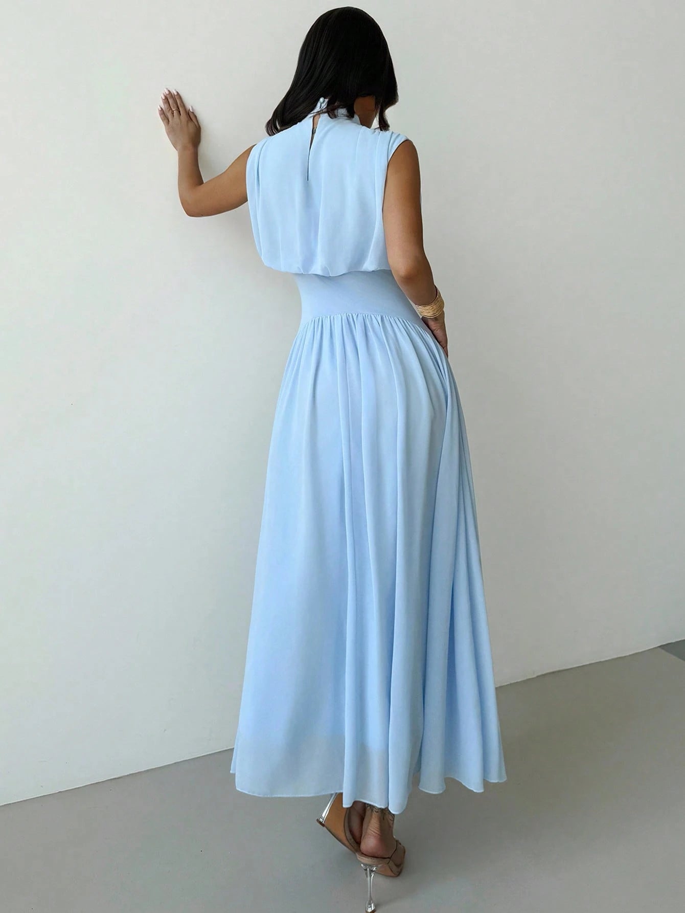 Firerie Women's Light Blue Summer Elegant Tea Party Bachelorette Party Mother Of The Bride High Neck Waist Flare Dress Bohemian Wedding Beach Outfit Gown
