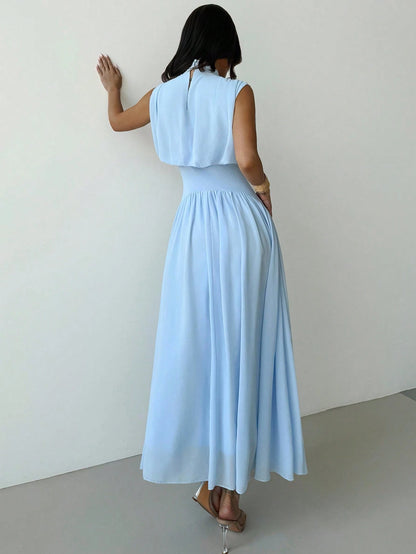 Firerie Women's Light Blue Summer Elegant Tea Party Bachelorette Party Mother Of The Bride High Neck Waist Flare Dress Bohemian Wedding Beach Outfit Gown