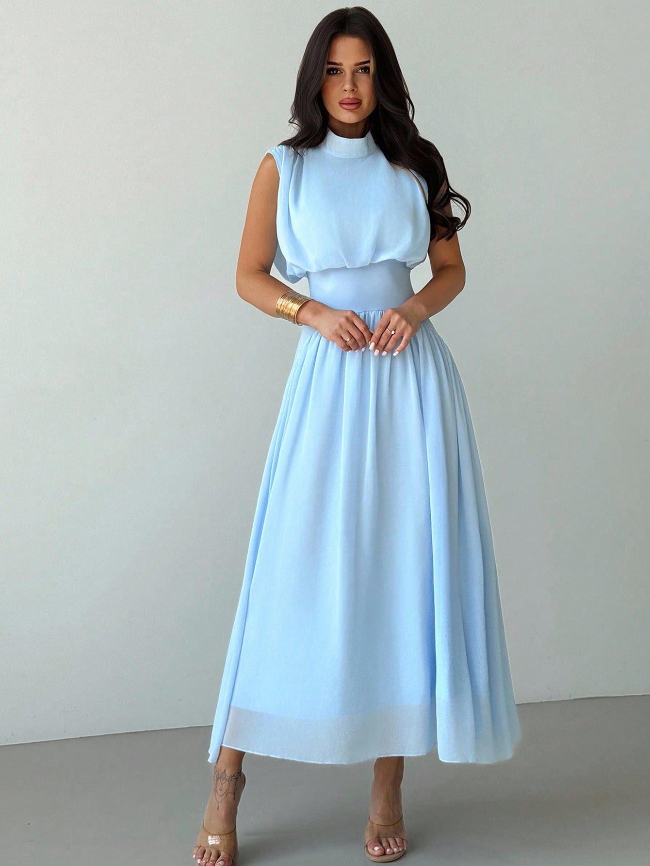 Firerie Women's Light Blue Summer Elegant Tea Party Bachelorette Party Mother Of The Bride High Neck Waist Flare Dress Bohemian Wedding Beach Outfit Gown