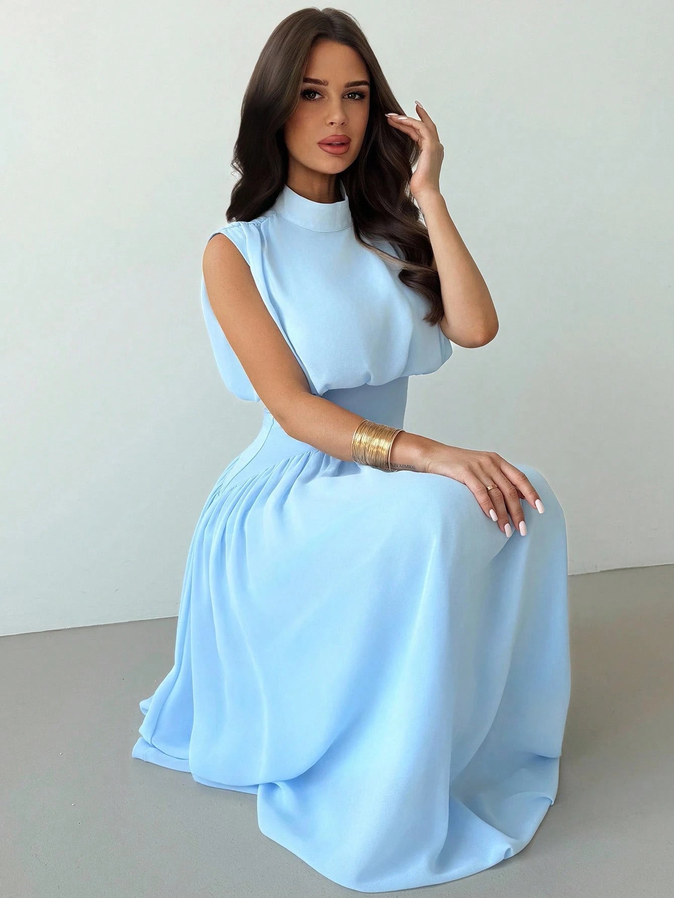 Firerie Women's Light Blue Summer Elegant Tea Party Bachelorette Party Mother Of The Bride High Neck Waist Flare Dress Bohemian Wedding Beach Outfit Gown