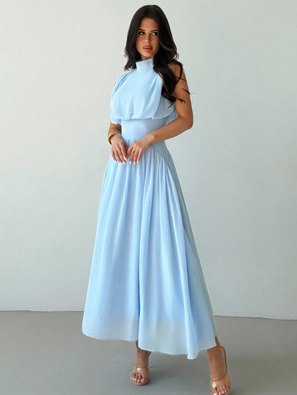 Firerie Women's Light Blue Summer Elegant Tea Party Bachelorette Party Mother Of The Bride High Neck Waist Flare Dress Bohemian Wedding Beach Outfit Gown