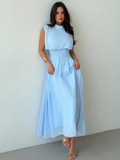 Firerie Women's Light Blue Summer Elegant Tea Party Bachelorette Party Mother Of The Bride High Neck Waist Flare Dress Bohemian Wedding Beach Outfit Gown