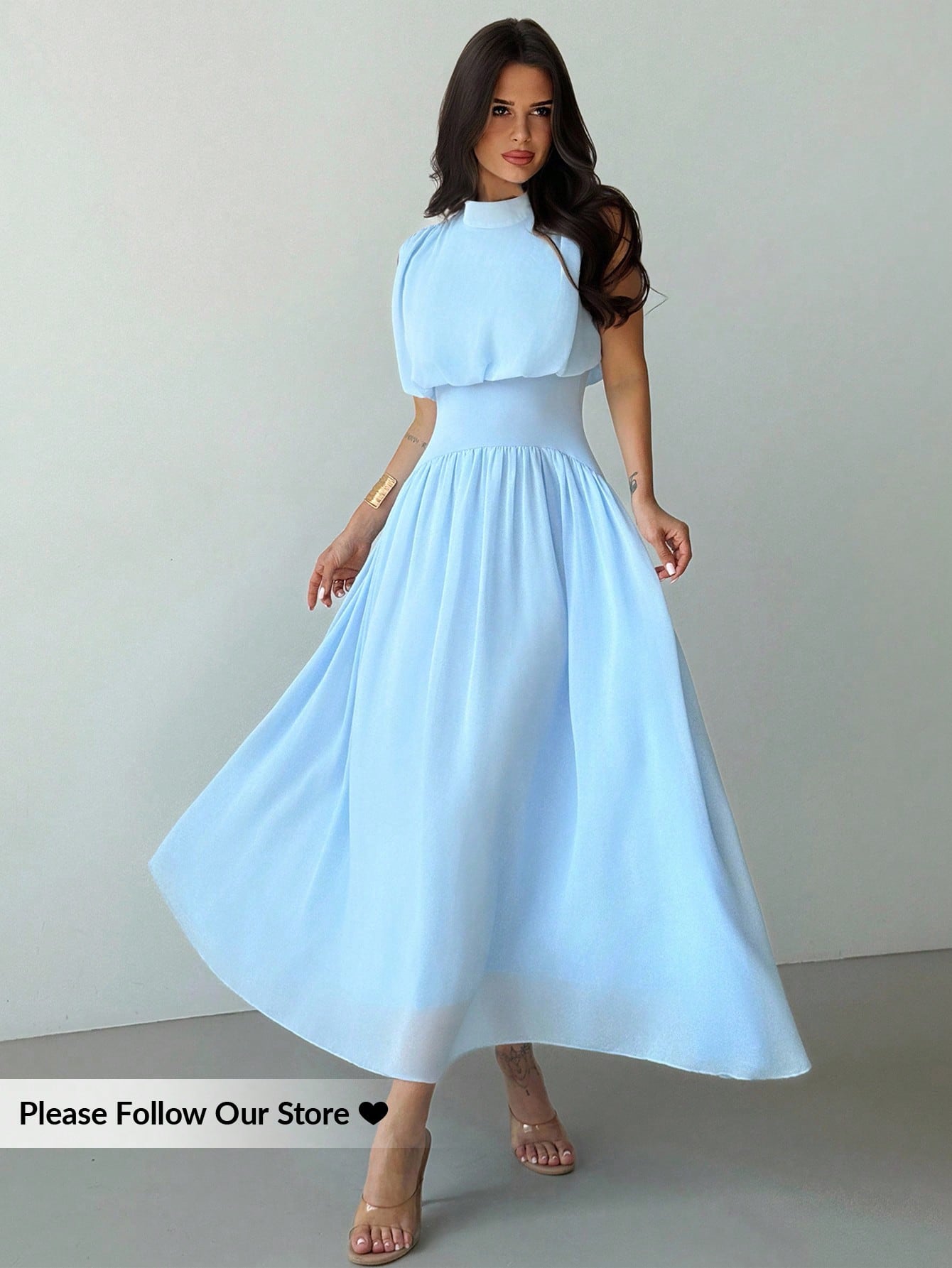 Firerie Women's Light Blue Summer Elegant Tea Party Bachelorette Party Mother Of The Bride High Neck Waist Flare Dress Bohemian Wedding Beach Outfit Gown