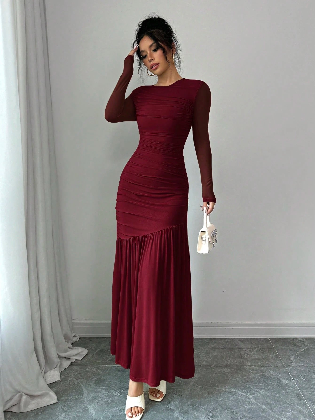 Firerie Women's Long Sleeve Round Neck Mesh Dress, Suitable For Autumn Seasonal Clothing, Back To School, Teacher's Attire Dining Burgundy Elegant