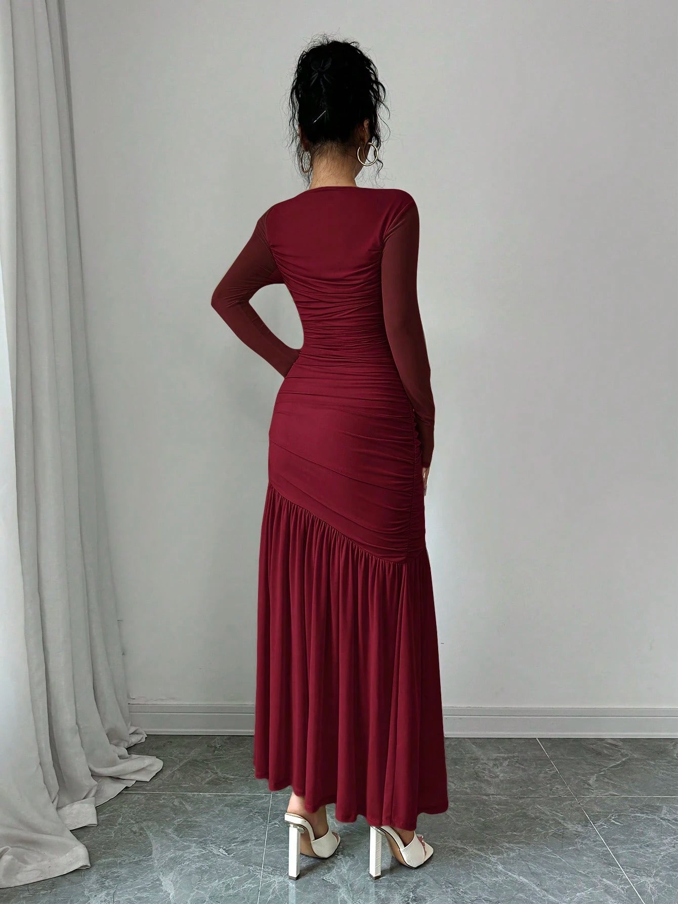 Firerie Women's Long Sleeve Round Neck Mesh Dress, Suitable For Autumn Seasonal Clothing, Back To School, Teacher's Attire Dining Burgundy Elegant