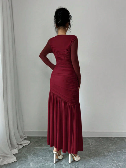 Firerie Women's Long Sleeve Round Neck Mesh Dress, Suitable For Autumn Seasonal Clothing, Back To School, Teacher's Attire Dining Burgundy Elegant