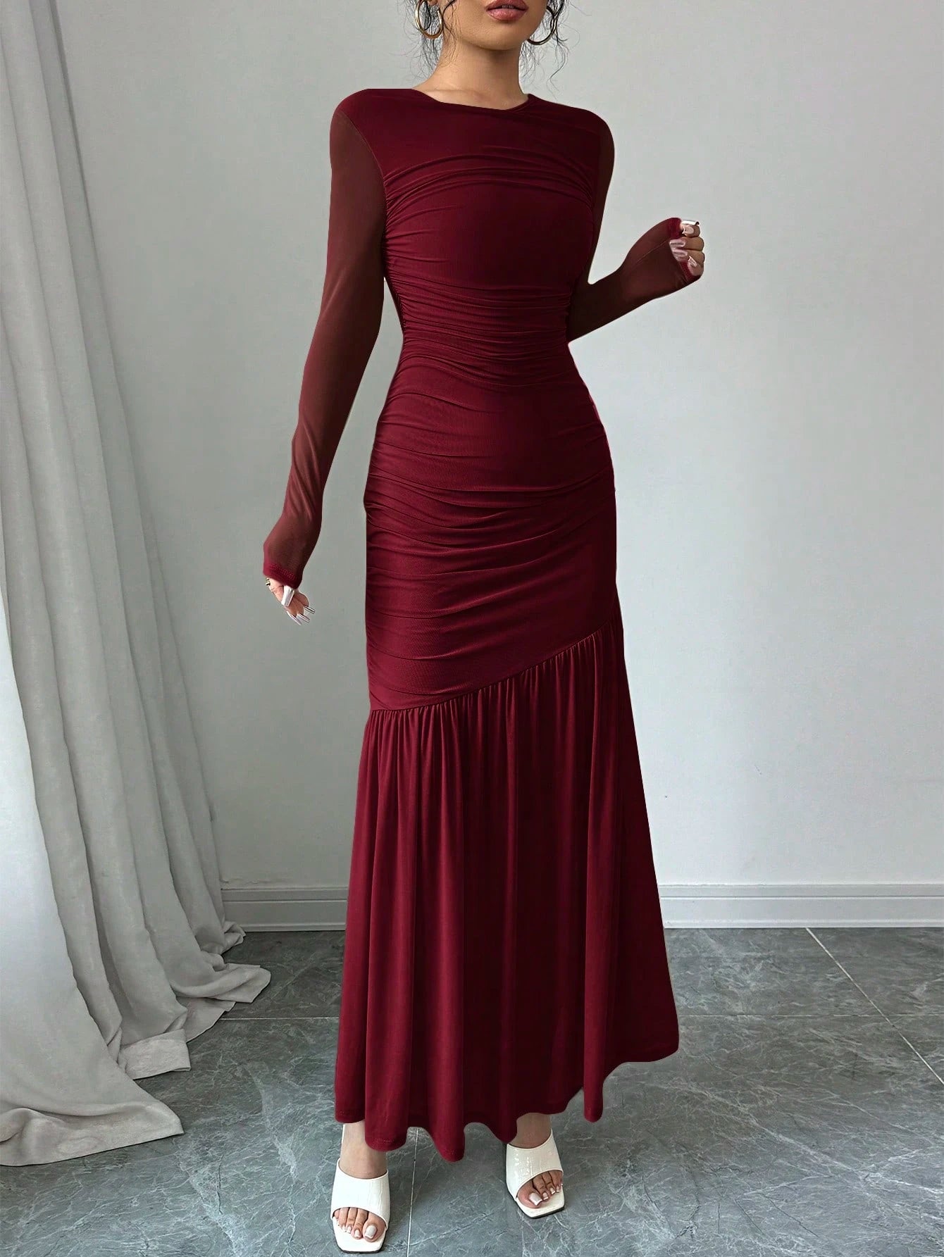 Firerie Women's Long Sleeve Round Neck Mesh Dress, Suitable For Autumn Seasonal Clothing, Back To School, Teacher's Attire Dining Burgundy Elegant
