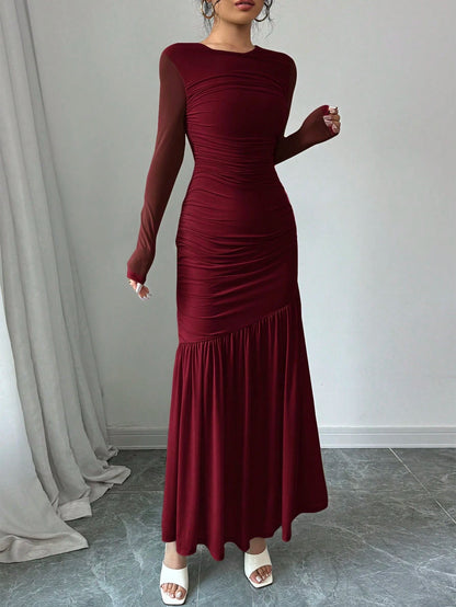 Firerie Women's Long Sleeve Round Neck Mesh Dress, Suitable For Autumn Seasonal Clothing, Back To School, Teacher's Attire Dining Burgundy Elegant